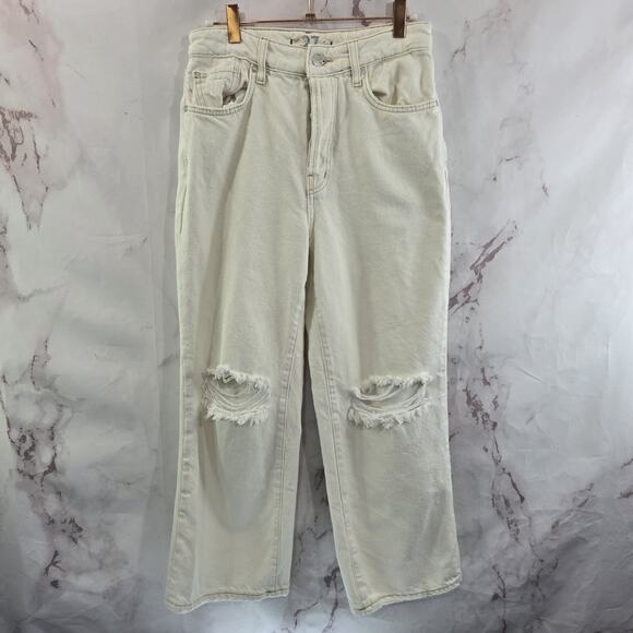Free People Jeans Womens 27 Cream High Rise Boot Button Fly Distressed Rigid - Picture 1 of 13